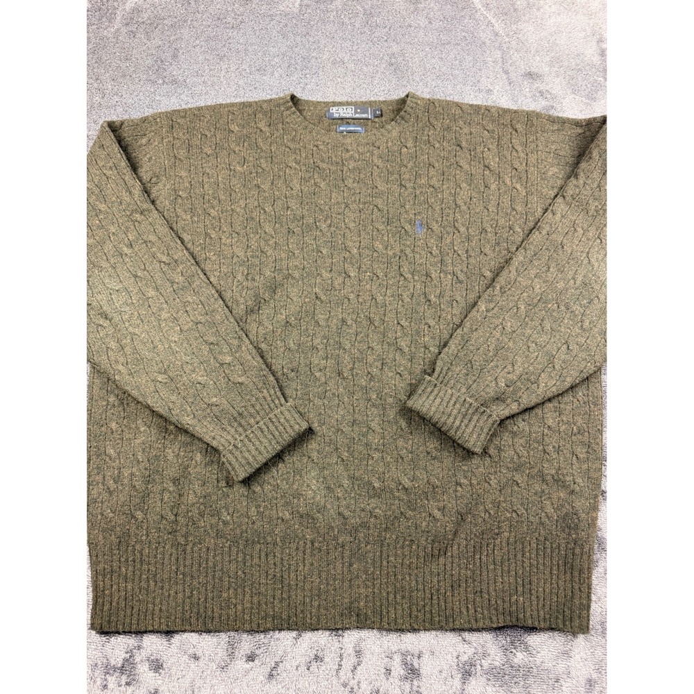 Polo Ralph Lauren Cable Knit Sweater Mens Large Green 100% Lambswool Crewneck - Picture 2 of 7